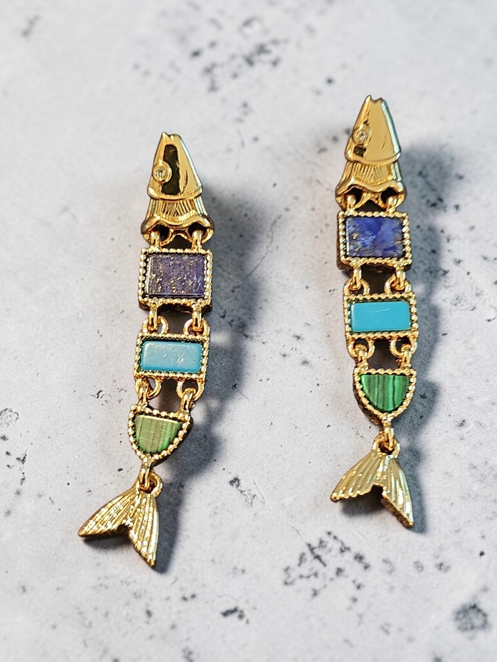 Nwt S.B. Gold Fish Tail Drop Earrings with Blue, Turquoise & Green Inlays